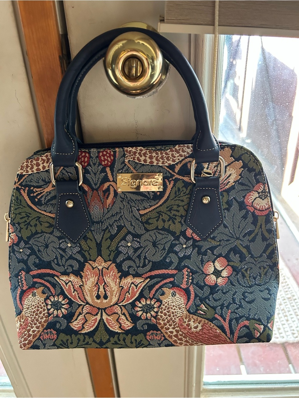 Navy Floral Tapestry Satchel with Top Handles